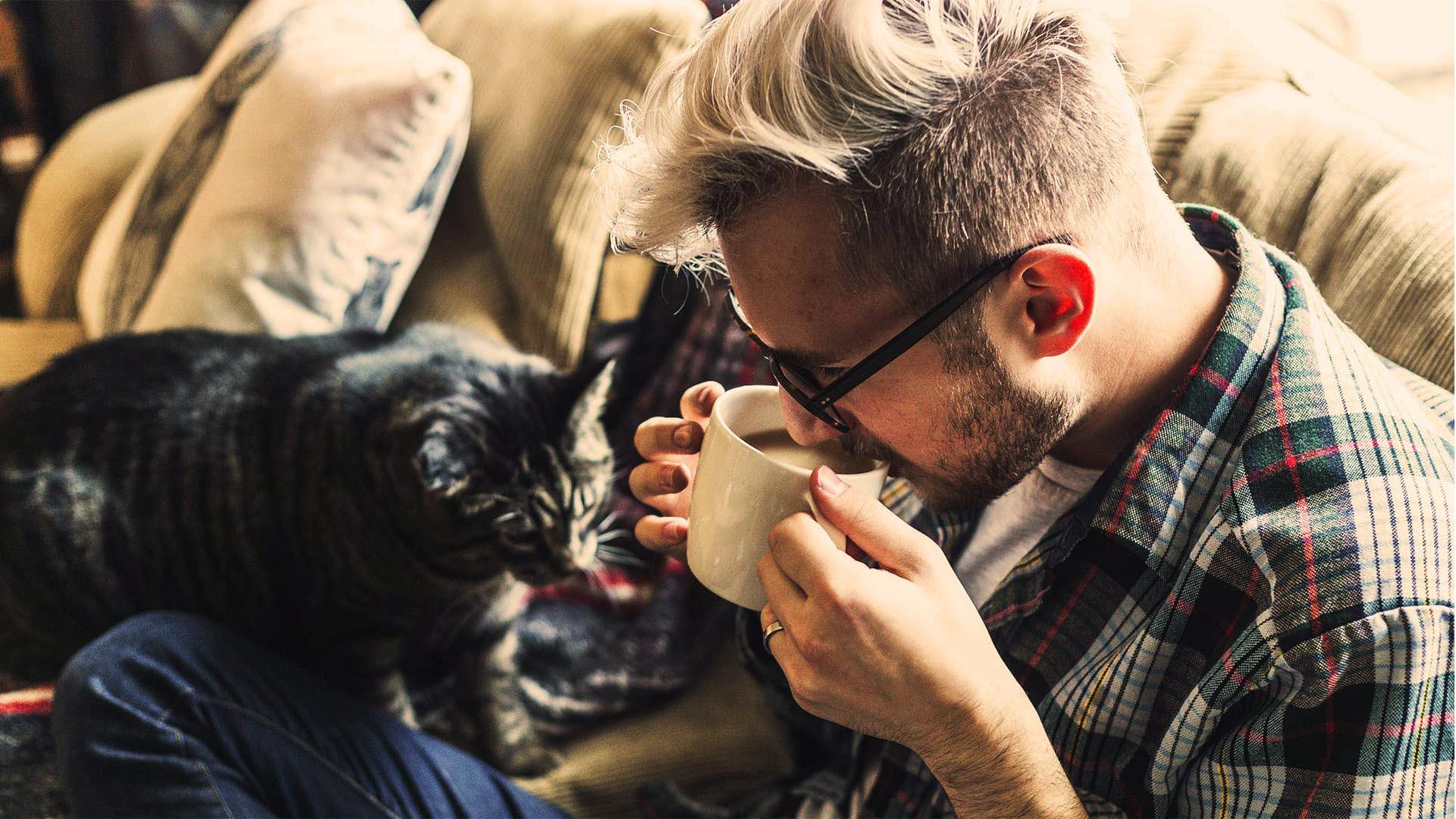 Man dricker kaffe med katt