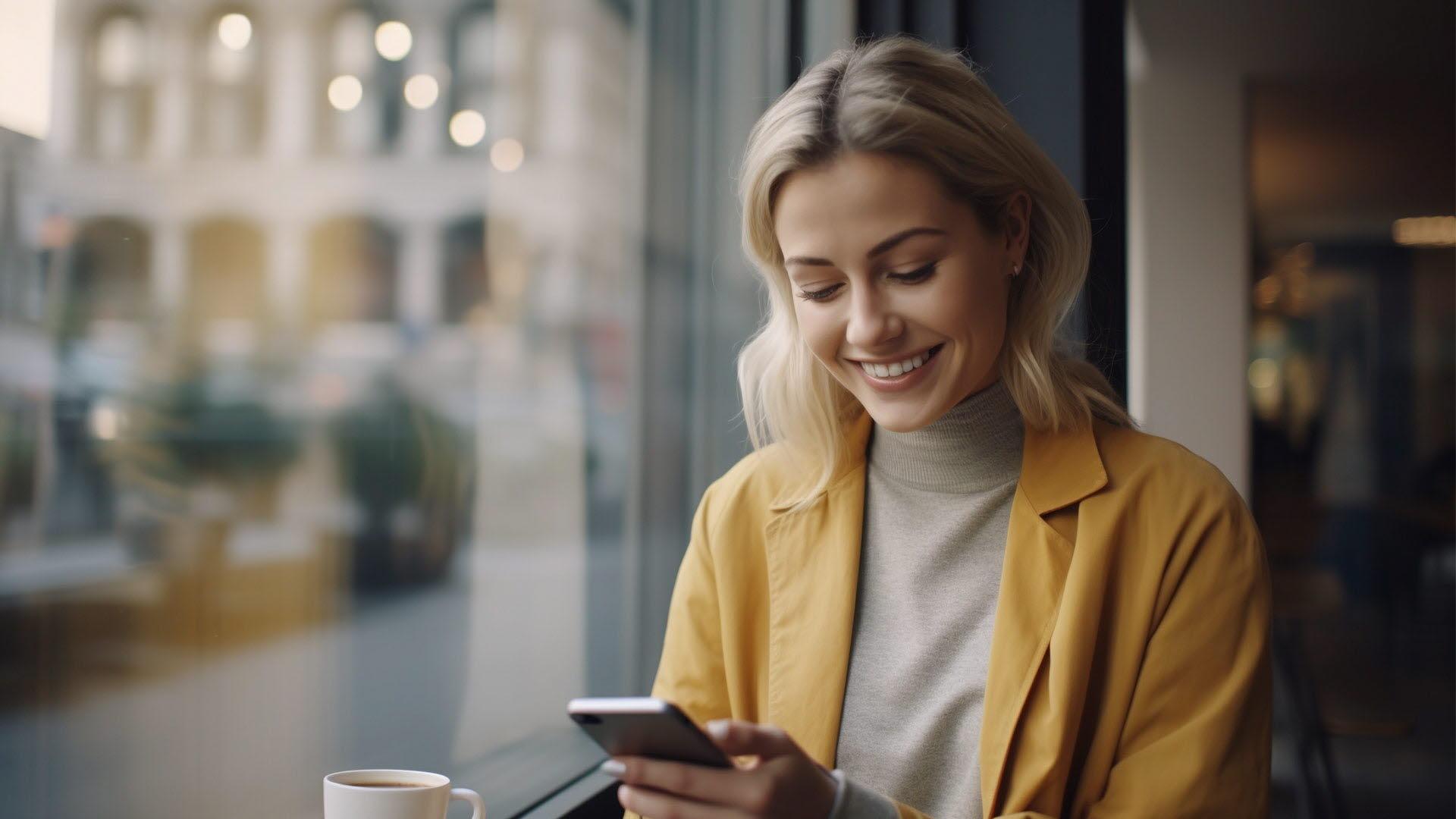 Ung kvinna på café tittar på sin mobil och ler